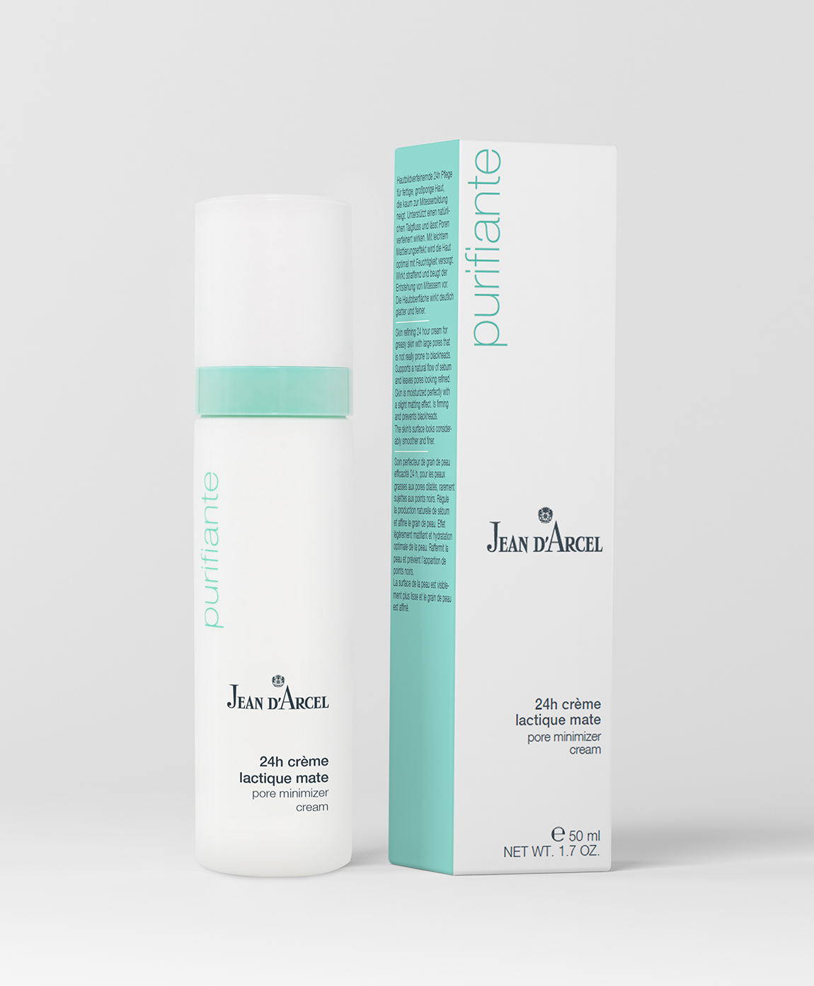 Abbildung einer Gesichtscremeflasche, daneben die passende Produktverpackung auf hellem Hintergrund.